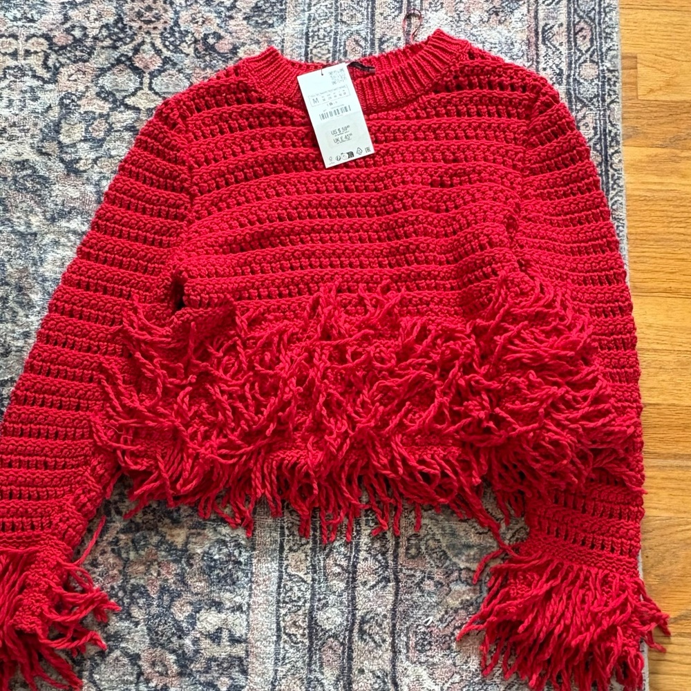 Zara Vibrant Red Textured Crew Neck Sweater